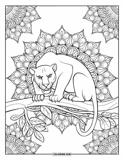Schwarzer-Panther-Ausmalbild für Erwachsene: Panther auf einem blattbedeckten Ast mit floralem Mandala-Hintergrund