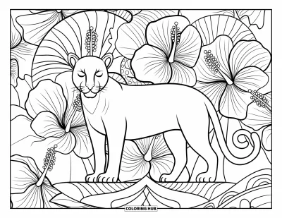 Schwarzer-Panther-Ausmalbild für Erwachsene: Panther auf einer Lotusblüte zwischen Hibiskusblüten mit aufwendigem Mandala-Hintergrund