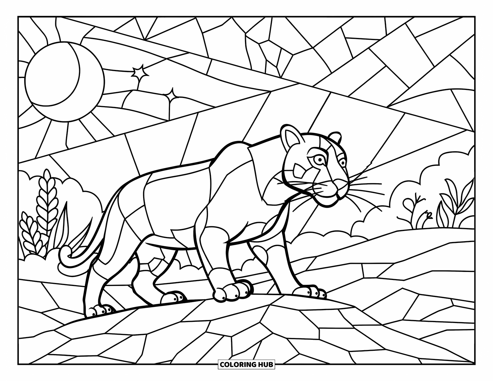 Black Panther Coloring Page for Adults: Panther on rocky terrain under stained glass sky with moon and stars