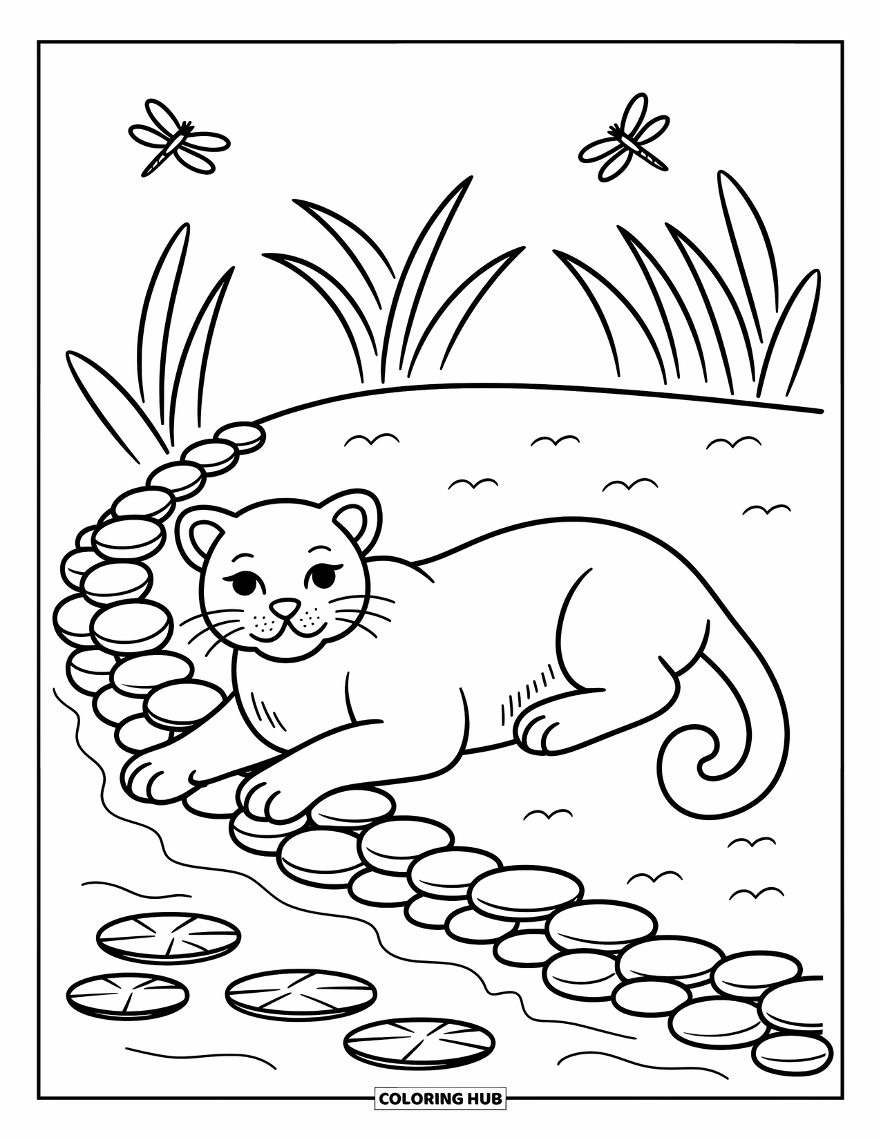 Black Panther Coloring Page for Adults: Panther reclining by water with stones, lily pads, reeds, and dragonflies
