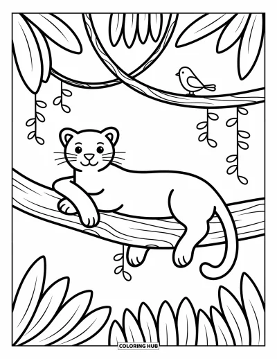 Schwarzer-Panther-Ausmalbild für Erwachsene: Panther ruht auf einem Ast mit Blättern, Ranken und sitzendem Vogel