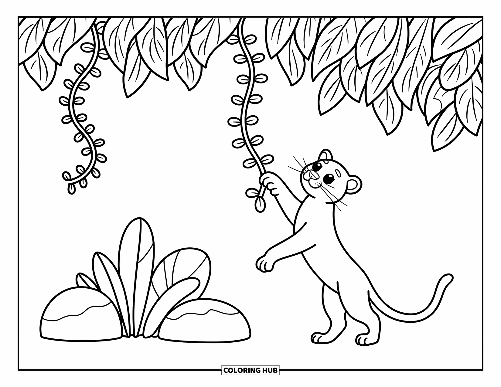 Black Panther Coloring Page for Adults: Panther standing on hind legs reaching for vine loop under leafy canopy