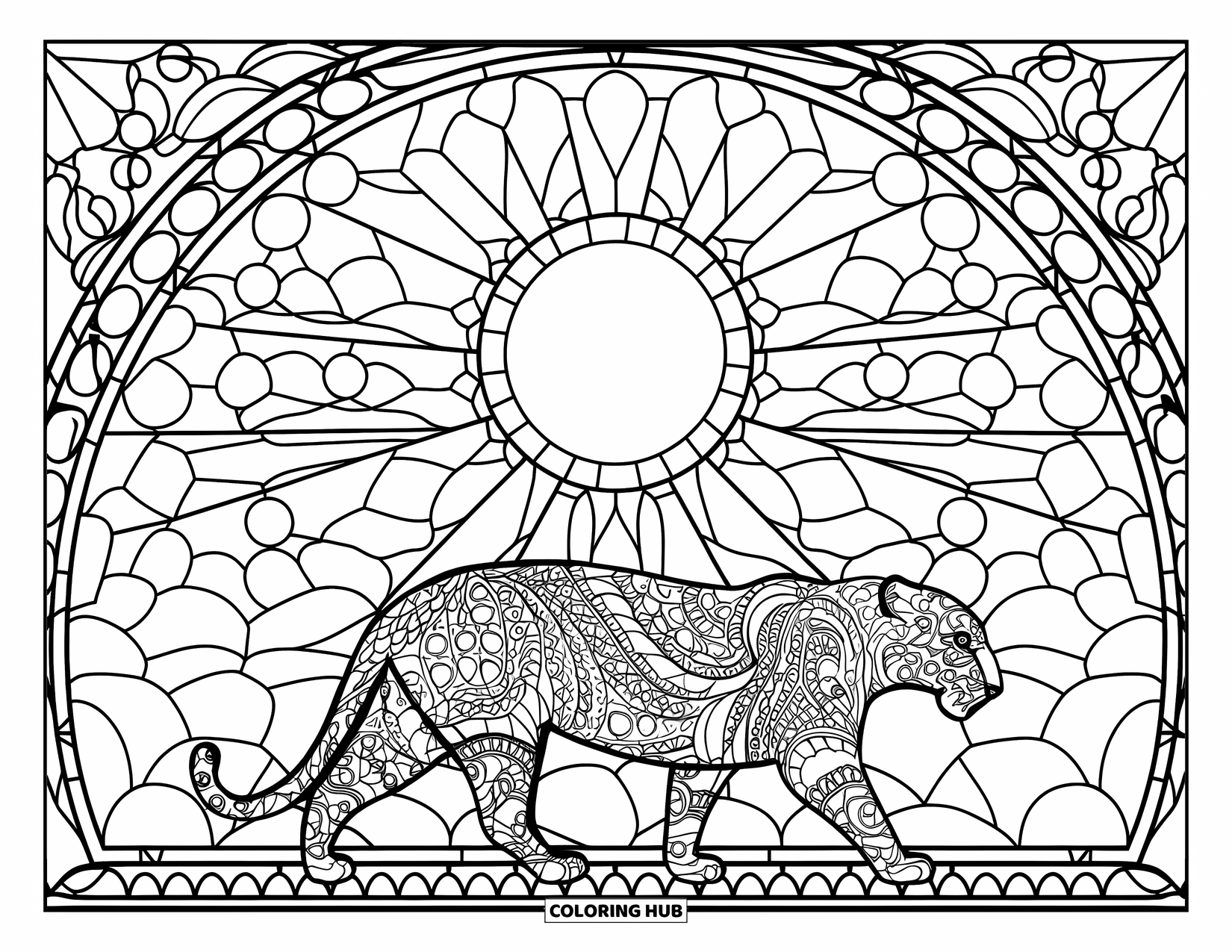 Black Panther Coloring Page for Adults: Panther walking on path with stained glass moon and sky backdrop