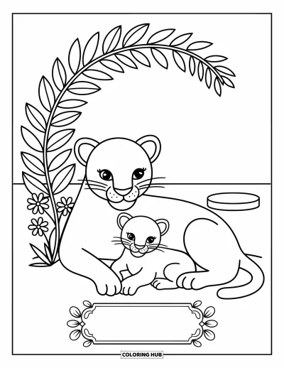 Schwarzer-Panther-Ausmalbild für Erwachsene: Elterntier mit Jungem unter einem blättrigen Kranz mit Blumen und Namensschild