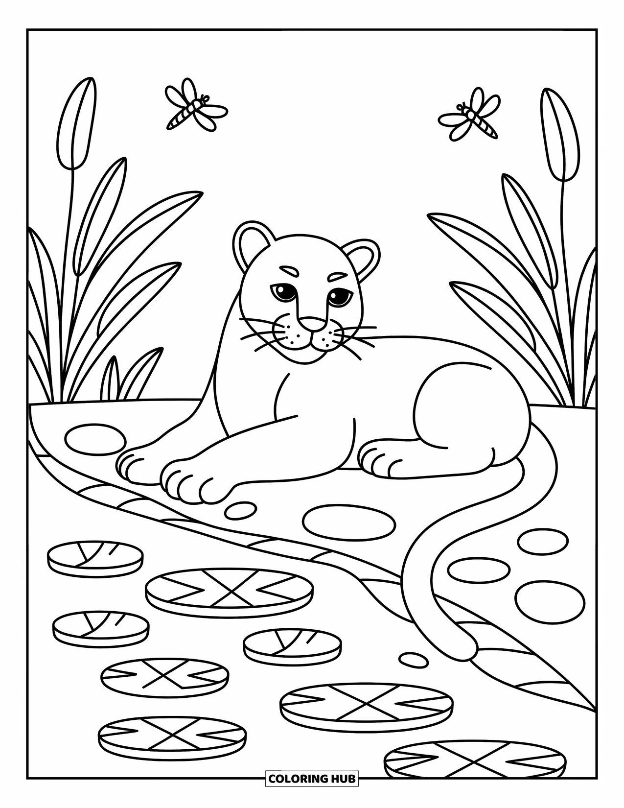 Black Panther Coloring Page for Adults: Resting panther on riverbank with stones, lily pads, reeds, and dragonflies