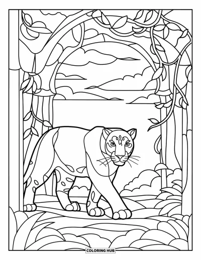 Schwarzer-Panther-Ausmalbild für Erwachsene: Eleganter Panther läuft durch einen Bleiglas-Dschungel mit Bäumen und Wolken