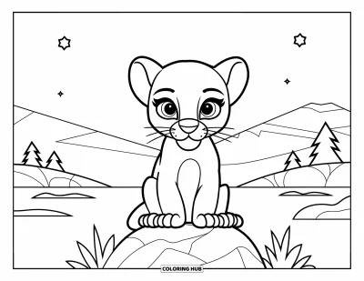 Schwarzer-Panther-Ausmalbild für Kinder: Panther-Baby auf einem Felsen mit Sternen und Bergen