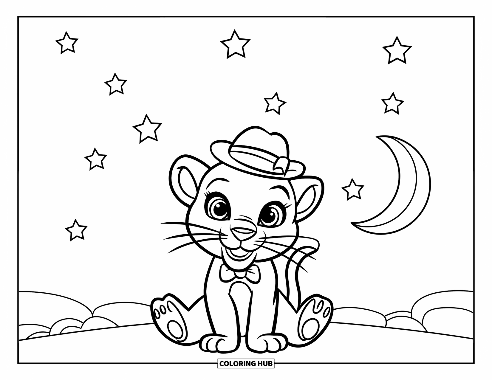 Black Panther Coloring Page for Kids: Baby panther under night sky with crescent moon