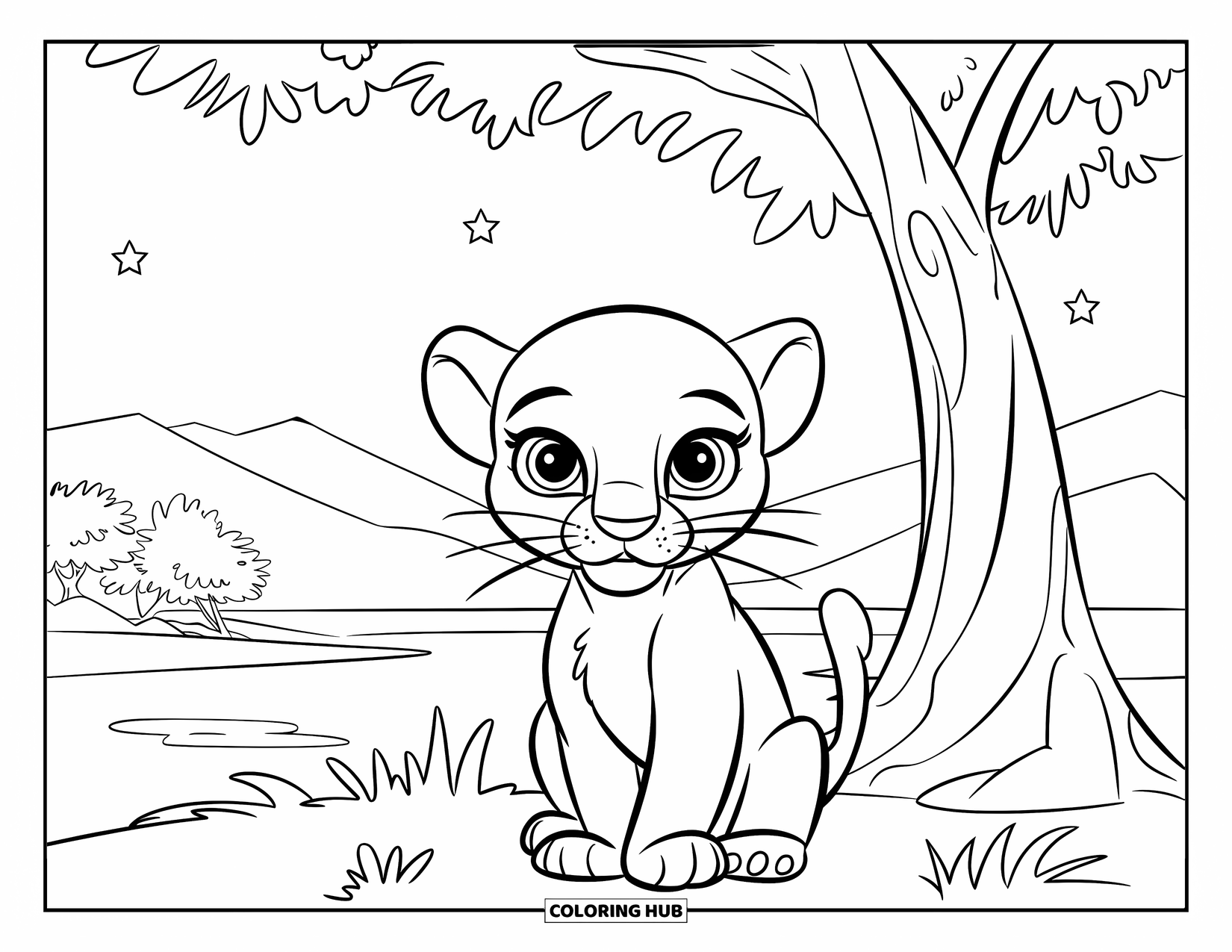 Black Panther Coloring Page for Kids: Baby panther under tree with stars and mountains beyond