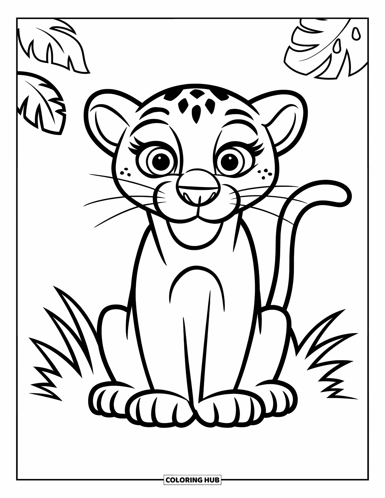 Black Panther Coloring Page for Kids: Big-eyed panther sitting on grass with jungle leaves