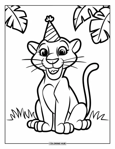Schwarzer-Panther-Ausmalbild für Kinder: Fröhlicher Panther auf Gras mit Partyhut und Blättern