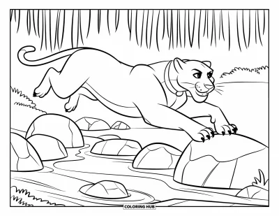 Schwarzer-Panther-Ausmalbild für Kinder: Panther mit Halsband springt über Felsen oberhalb eines sanften Baches