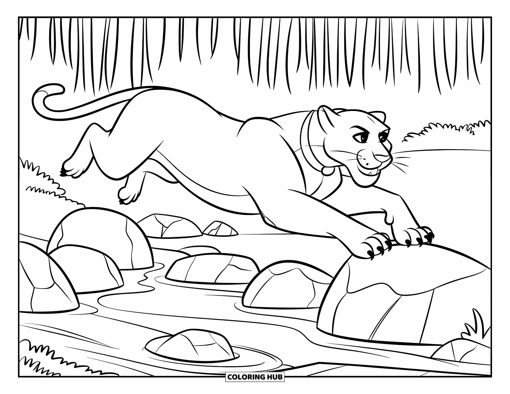 Black Panther Coloring Page for Kids: Collared panther leaping over rocks above a gentle stream