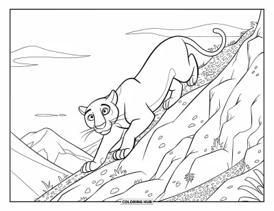 Schwarzer-Panther-Ausmalbild für Kinder: Geduckter Panther schleicht entlang eines Felsrückens mit Pflanzen und Bergen