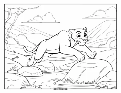 Schwarzer-Panther-Ausmalbild für Kinder: Muskulöser Panther springt über Felsen in ruhiger Landschaft