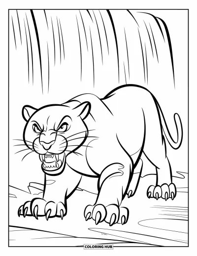Schwarzer-Panther-Ausmalbild für Kinder: Muskulöser Panther knurrt vor einem nebligen Wasserfall