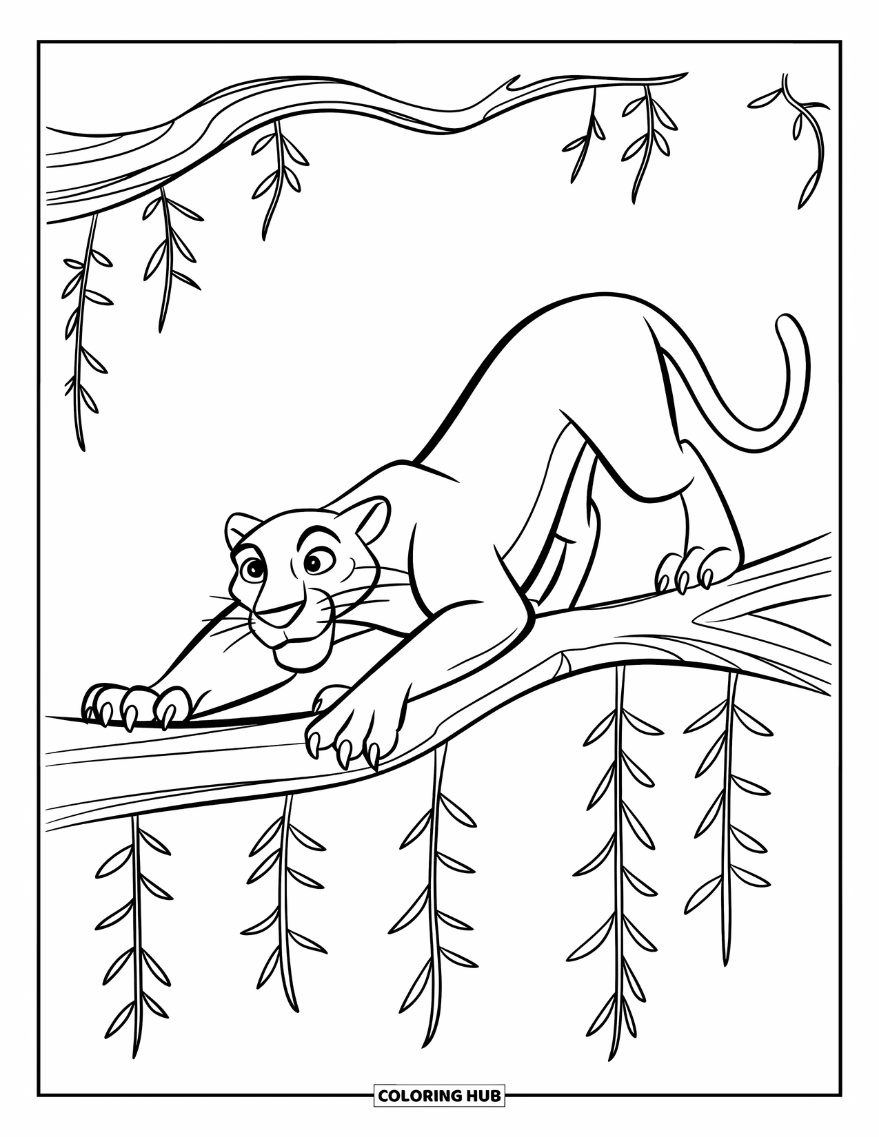 Black Panther Coloring Page for Kids: Muscular panther stretching on thin branch with hanging vines