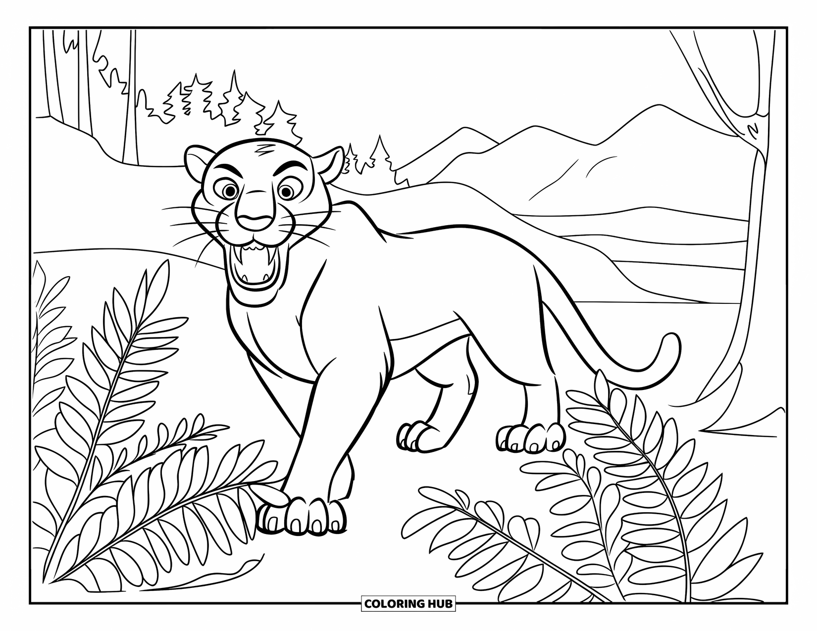 Black Panther Coloring Page for Kids: Panther among ferns with open mouth and mountain view