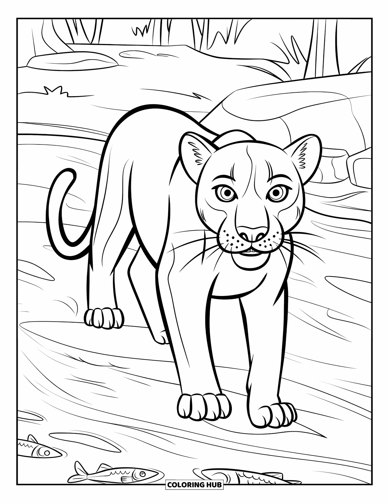 Black Panther Coloring Page for Kids: Panther by river with perked ears and fish nearby