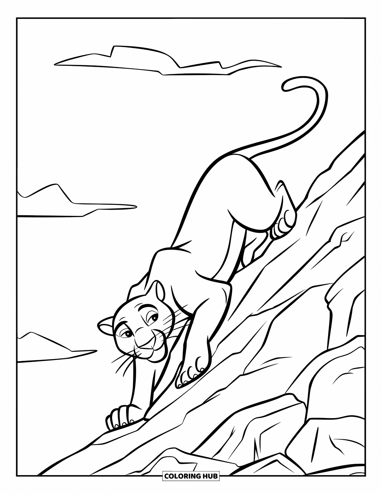 Black Panther Coloring Page for Kids: Panther climbing rocky slope with clouds in the sky