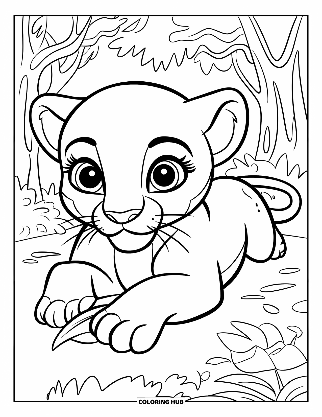 Black Panther Coloring Page for Kids: Panther cub lying on belly with leaf under paw