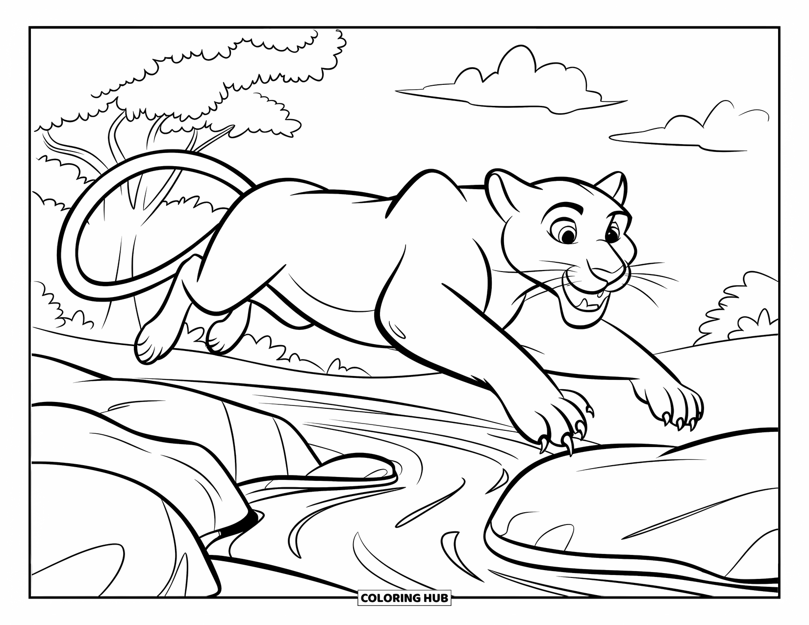 Black Panther Coloring Page for Kids: Panther leaping between rocks over a stream with clouds