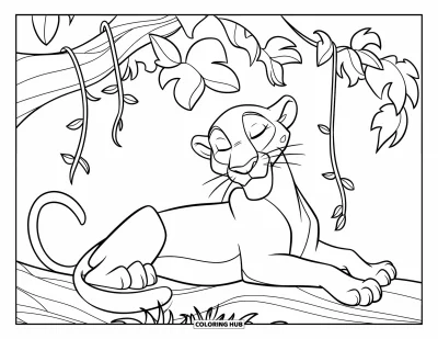 Schwarzer-Panther-Ausmalbild für Kinder: Panther liegt auf dem Rücken unter einem rankenbewachsenen Baum mit umwickelten Ranken