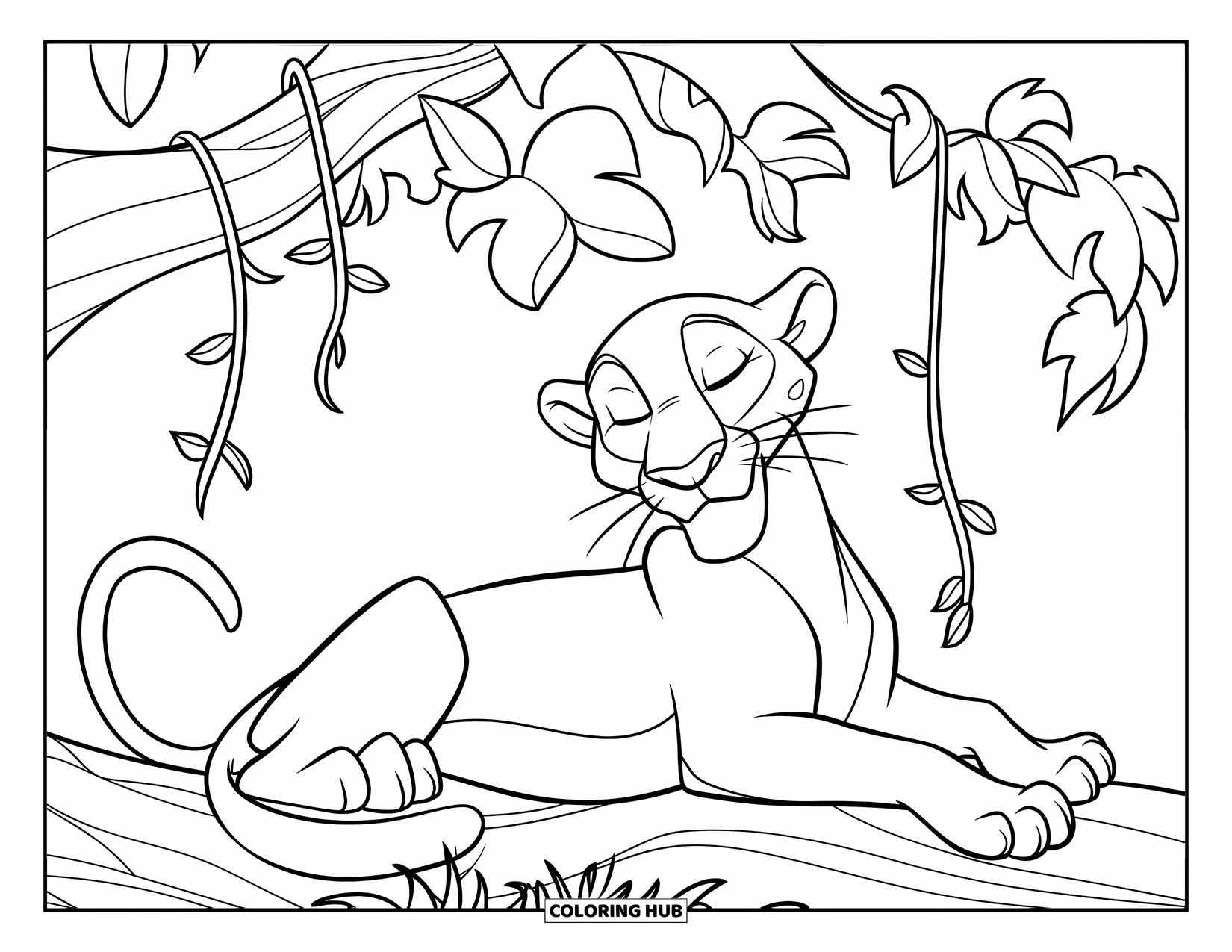 Black Panther Coloring Page for Kids: Panther lying on back under vine-covered tree with vines wrapped