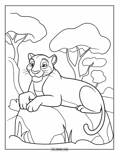 Schwarzer-Panther-Ausmalbild für Kinder: Panther liegt auf einem Felsen mit einfachen Bäumen dahinter