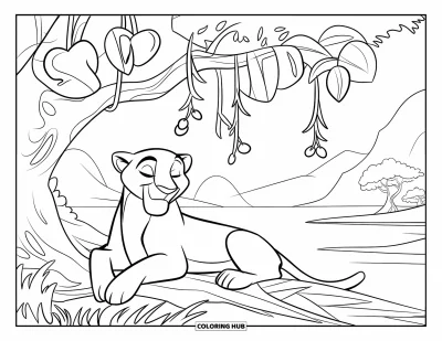 Schwarzer-Panther-Ausmalbild für Kinder: Panther liegt unter einem rankenbewachsenen Baum nahe Wasser und Bergen
