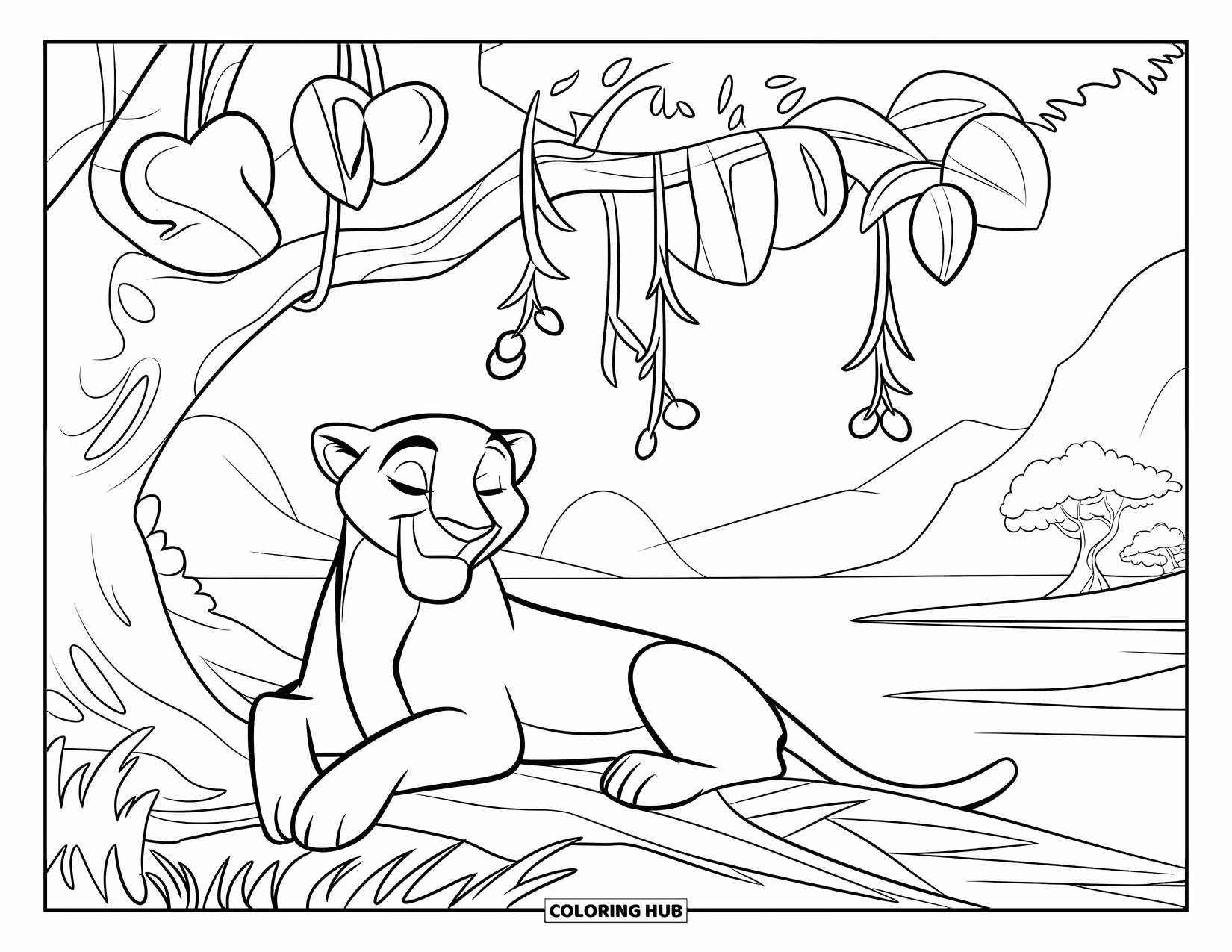 Black Panther Coloring Page for Kids: Panther lying under vine-covered tree near water and mountains