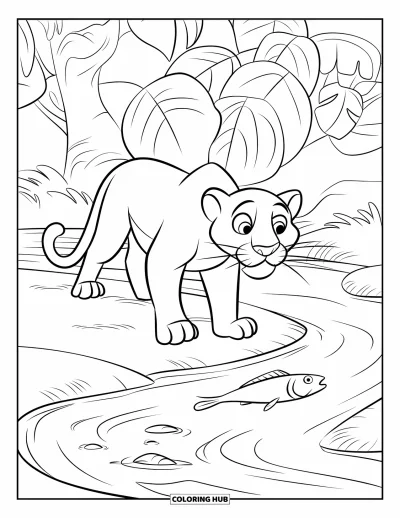 Schwarzer-Panther-Ausmalbild für Kinder: Panther am Fluss mit Fischen und Bäumen mit runden Blättern