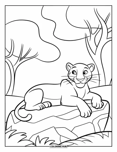 Schwarzer-Panther-Ausmalbild für Kinder: Panther auf einem Felsen schaut seitwärts mit rundblättrigen Bäumen