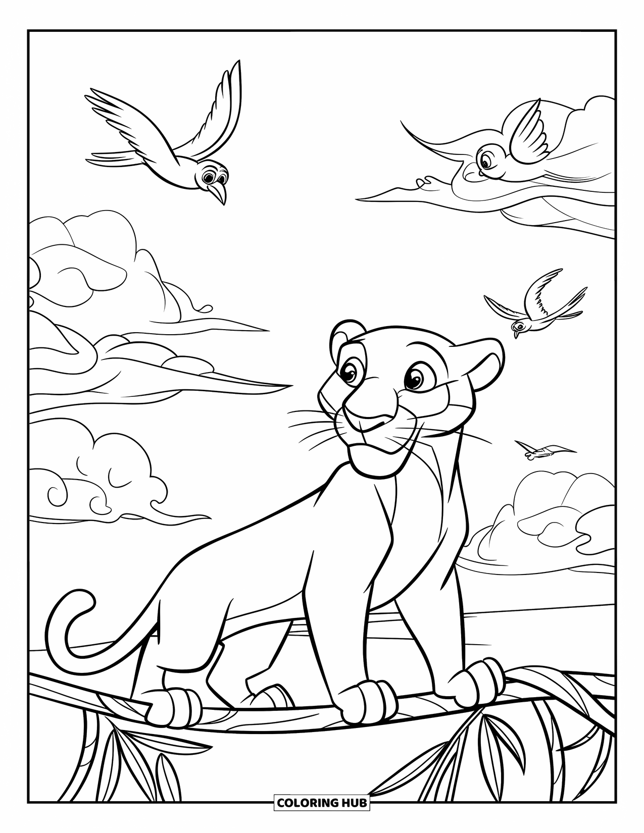 Black Panther Coloring Page for Kids: Panther perched on vine with sky full of clouds and birds
