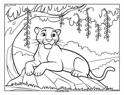 Schwarzer-Panther-Ausmalbild für Kinder: Panther ruht auf einem Felsen unter einem bewachsenen Baum