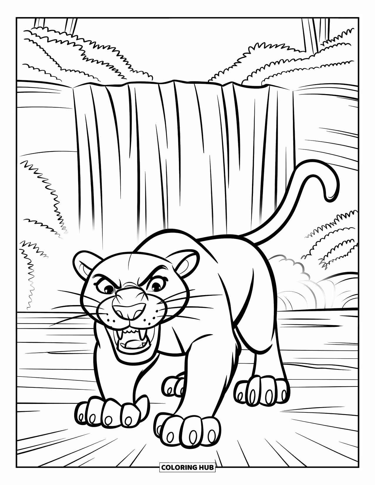 Black Panther Coloring Page for Kids: Panther snarling before large waterfall with rocky base