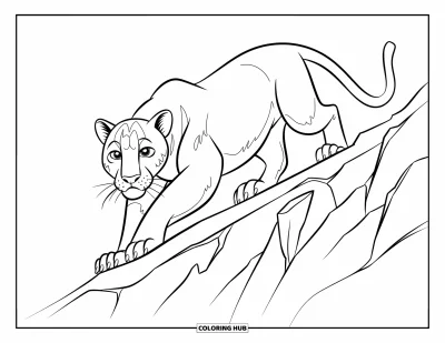Schwarzer-Panther-Ausmalbild für Kinder: Panther schleicht auf einem gezackten Felsrücken ohne weitere Elemente