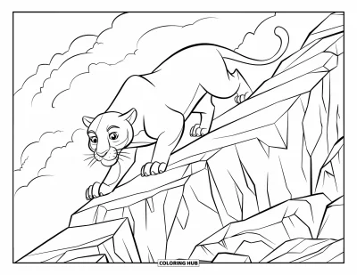 Schwarzer-Panther-Ausmalbild für Kinder: Panther schleicht auf einem Felsrücken mit Nebel im Hintergrund