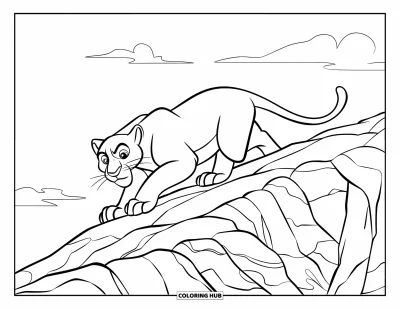 Schwarzer-Panther-Ausmalbild für Kinder: Panther schleicht leise entlang eines Felsrückens unter klarem Himmel