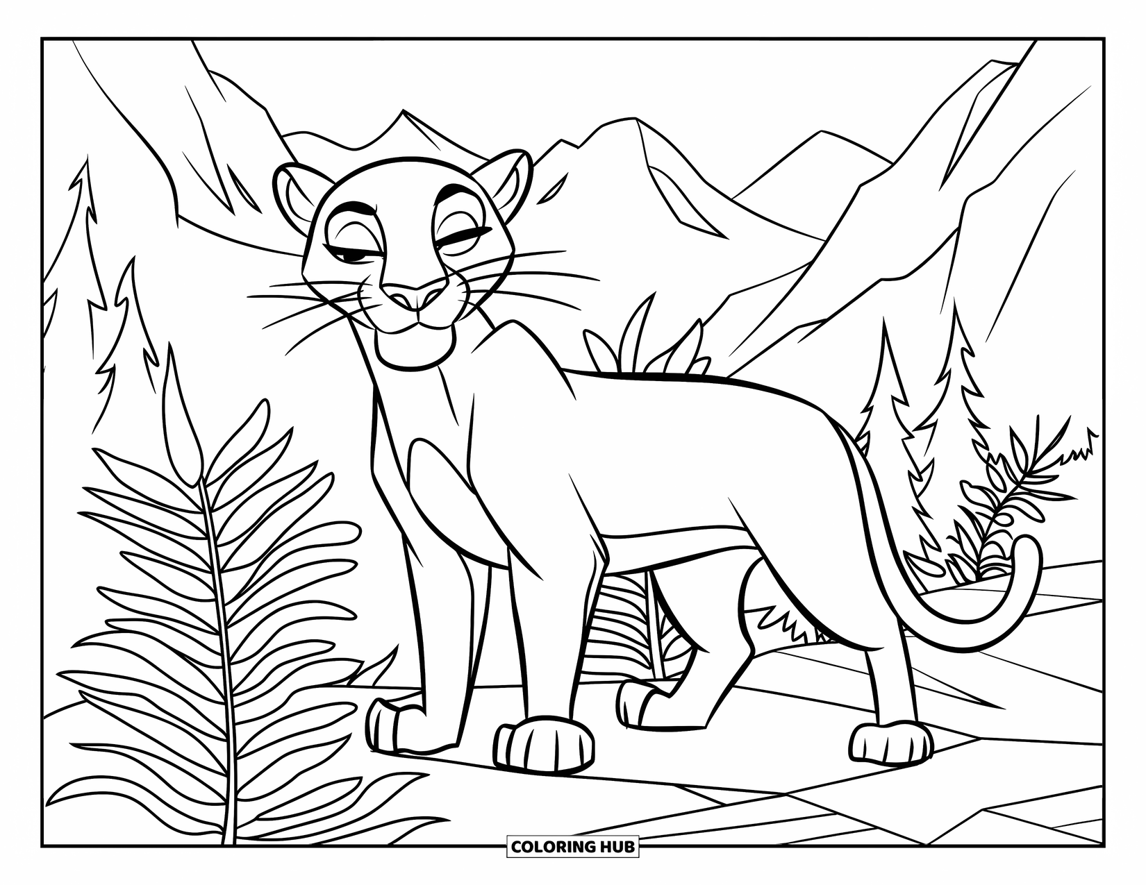 Black Panther Coloring Page for Kids: Panther standing among tall ferns with mountains beyond