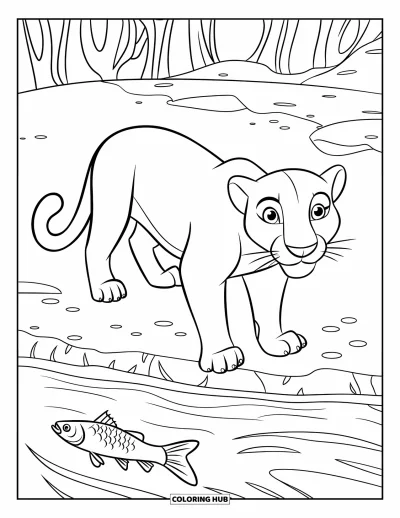 Schwarzer-Panther-Ausmalbild für Kinder: Panther steht am Fluss mit einem Fisch im Wasser