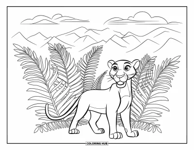 Schwarzer-Panther-Ausmalbild für Kinder: Panther steht auf den Hinterbeinen zwischen Farnen mit Wolken über Bergen