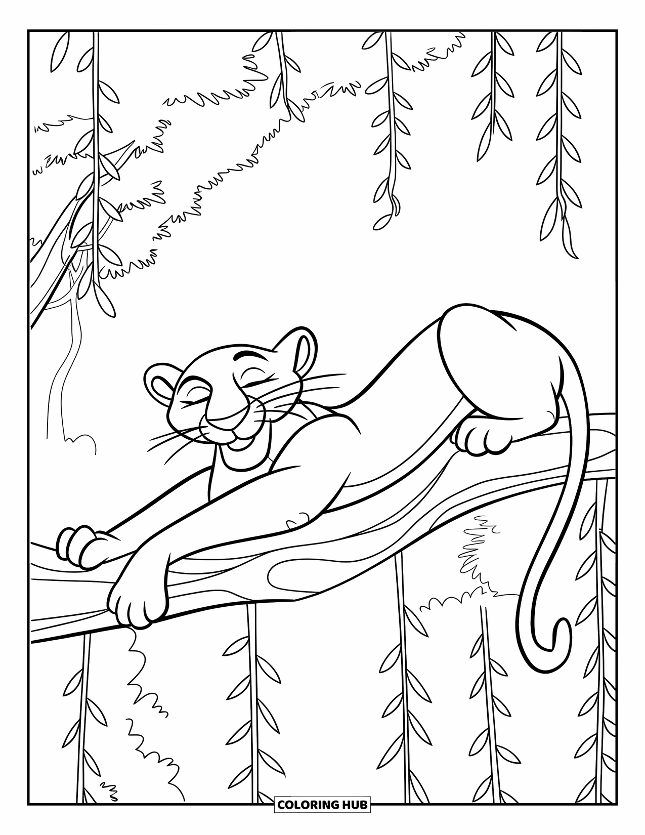 Black Panther Coloring Page for Kids: Panther stretching on a thick branch with hanging vines