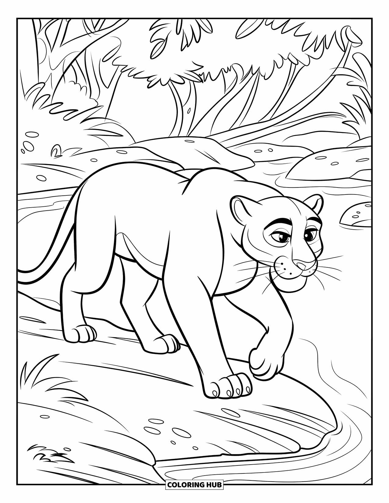 Black Panther Coloring Page for Kids: Panther walking along rocky riverbank with jungle trees behind