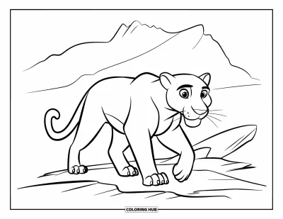 Schwarzer-Panther-Ausmalbild für Kinder: Panther läuft über felsiges Gelände mit Bergumrissen