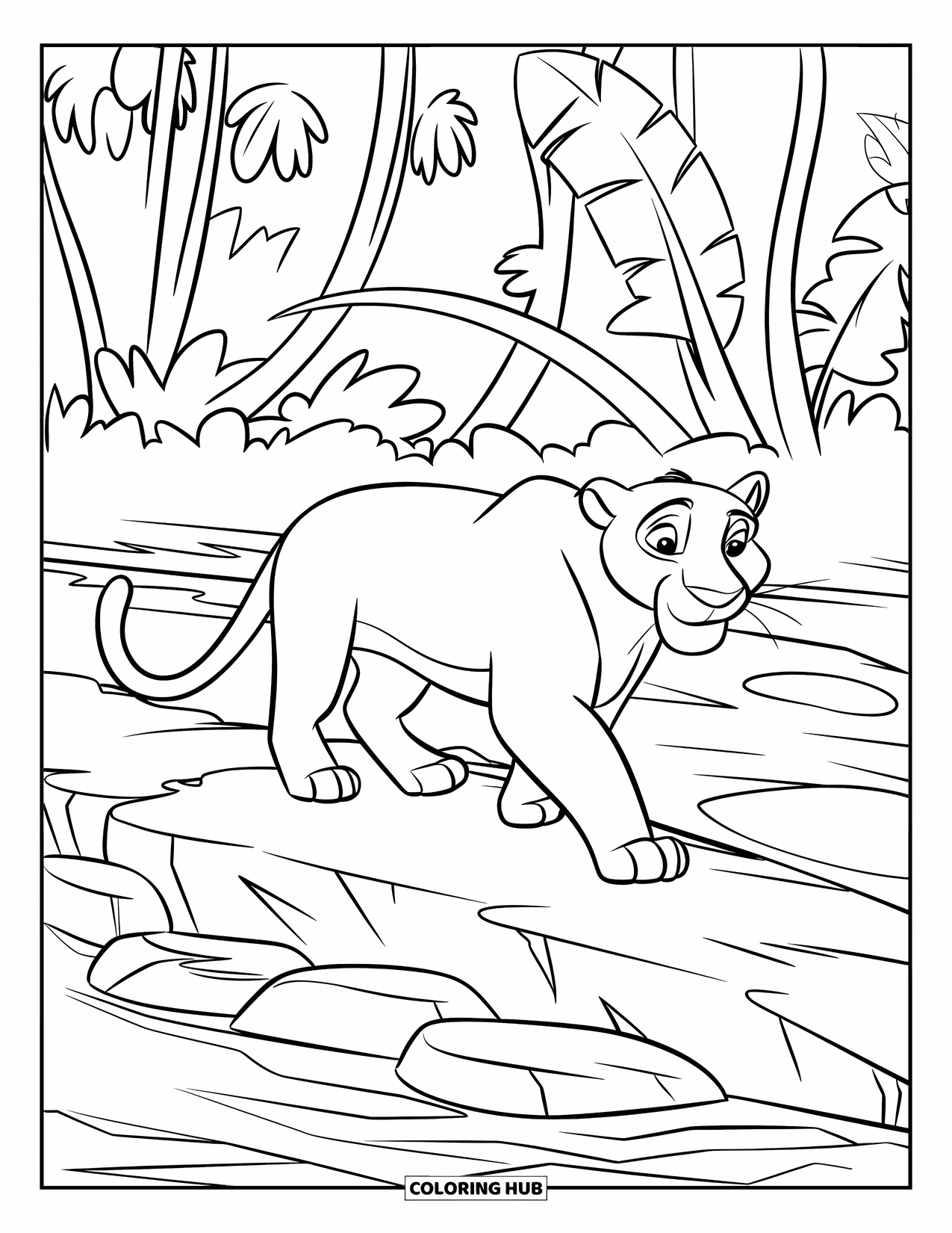 Black Panther Coloring Page for Kids: Panther with bushy tail walking on rocky riverbank by jungle