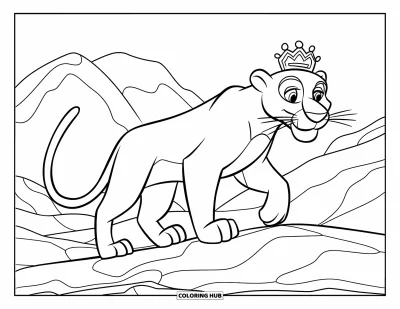 Schwarzer-Panther-Ausmalbild für Kinder: Panther mit Mähne und Krone läuft an einem einfachen Berg vorbei