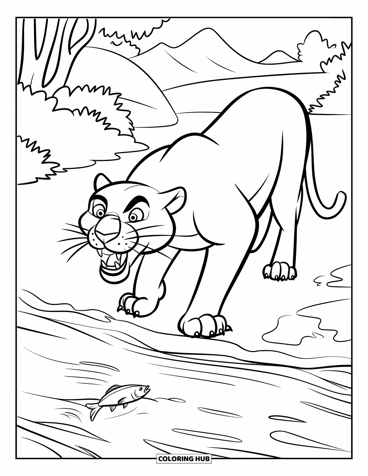 Black Panther Coloring Page for Kids: Panther with open mouth by calm river and fish at paw