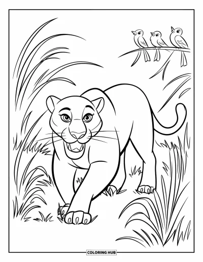 Schwarzer-Panther-Ausmalbild für Kinder: Eleganter Panther im hohen Gras mit Vögeln auf einem Ast