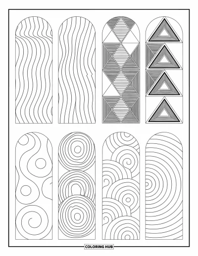 Coloriage de marque-pages pour adultes : Marque-pages abstraits avec des lignes fluides, des triangles, des spirales et des cercles pour des moments de détente